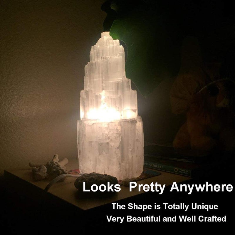 JIC Gem Natural Selenite Lamp 8" White Selenite Crystal Rock Lamps with Switch Cord and Bulb - Image 4
